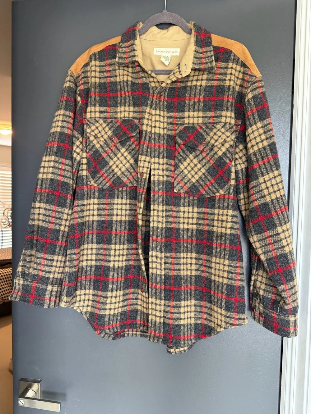 Banana Republic Tan, Black & Red Plaid Wool Shirt Jacket